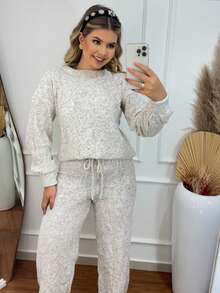 WOMEN'S WINTER MOUSSE KNITTING SET WITH PANTS AND BRAIDED BLOUSE - 自然的 - 查看 2