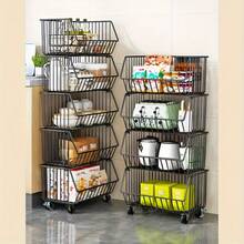 1 pieza Cesta de almacenamiento multifuncional, carrito de almacenamiento con ruedas, estantes de utilidad, cesta de alambre apilable de 3-5 niveles con ruedas, estantería práctica para cocina, baño y lavandería, cesta de almacenamiento negra, carrito práctico para almacenamiento en la sala de estar. - Negro - Ver 2