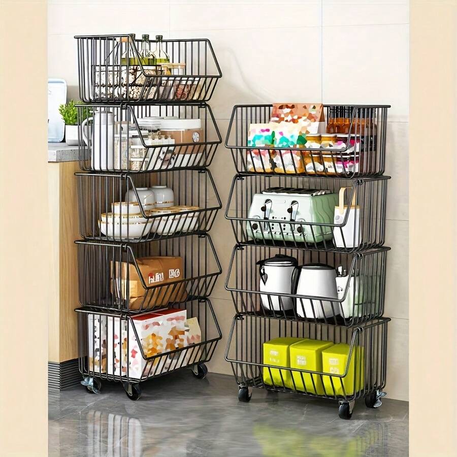 1 pieza Cesta de almacenamiento multifuncional, carrito de almacenamiento con ruedas, estantes de utilidad, cesta de alambre apilable de 3-5 niveles con ruedas, estantería práctica para cocina, baño y lavandería, cesta de almacenamiento negra, carrito práctico para almacenamiento en la sala de estar.