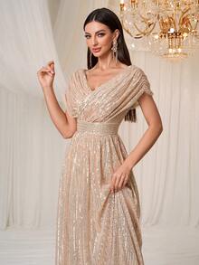 YISIKADO 女士正式派对礼服，优雅闪亮双 V 领褶饰晚礼服