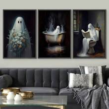 3 Carteles de lona de Halloween, retrato de fantasma retro de Halloween con flores, pintura de arte de pared para el dormitorio, sala de estar, pasillo del hogar, con opción de marco
