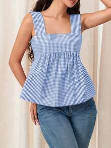 Women Y2k Going Out Tank Tops Gingham Square Neck Peplum Cami Tank Sleeveless Backless Bowtie Ruffle Peplum Babydoll Camisole Summer Going Out Cami Blouse - Màu xanh lam - Xem 2
