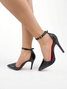 女士尖头一脚蹬高跟漆皮露趾鞋，优雅适合婚礼、派对、度假、时尚宽鞋 - 黑色 - 查看 2