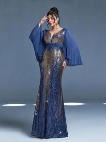 Mgialcy V-Neck Chiffon Long Sleeve Splice Placement Floral Sequined Sexy Fitted Mermaid Dress