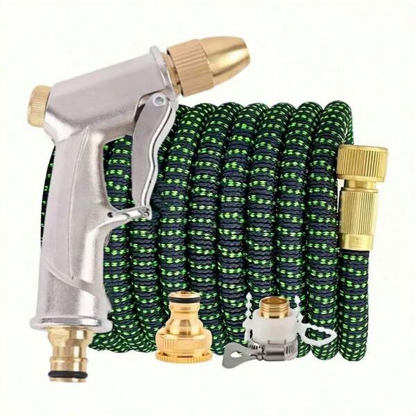 1 Stück Hochdruck Gartenschlauch Set mit 3X ausdehnbarem Rückzugsschlauch - aus strapazierfähigem Gummi, mit europäischen und amerikanischen kompatiblen Anschlüssen, geeignet für Outdoor-Reinigung & Autowäsche, Autowaschaccessoires, multifunktionales Garten Set, elastisches Schlauchdesign, Gartenschlauch