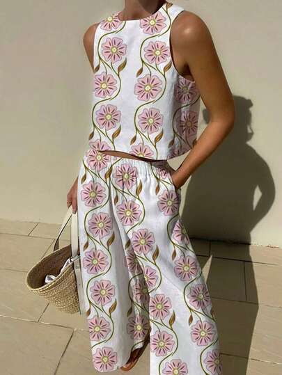 Outfit casual da donna con stampa floreale, adatto per vacanze, spiaggia, tempo libero, passeggiate romantiche, alla moda e degno di essere condiviso sui social