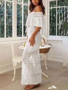 2026 Summer Women's New Elegant Tie-Waist Off Shoulder Hollow-Out Knit White Maxi Dress, Suitable For Beach Vacation, Holiday, Spring Outfit, Street Style, Party, Birthday, Festive Occasions, New Year's Eve, Business Casual - White - View 4