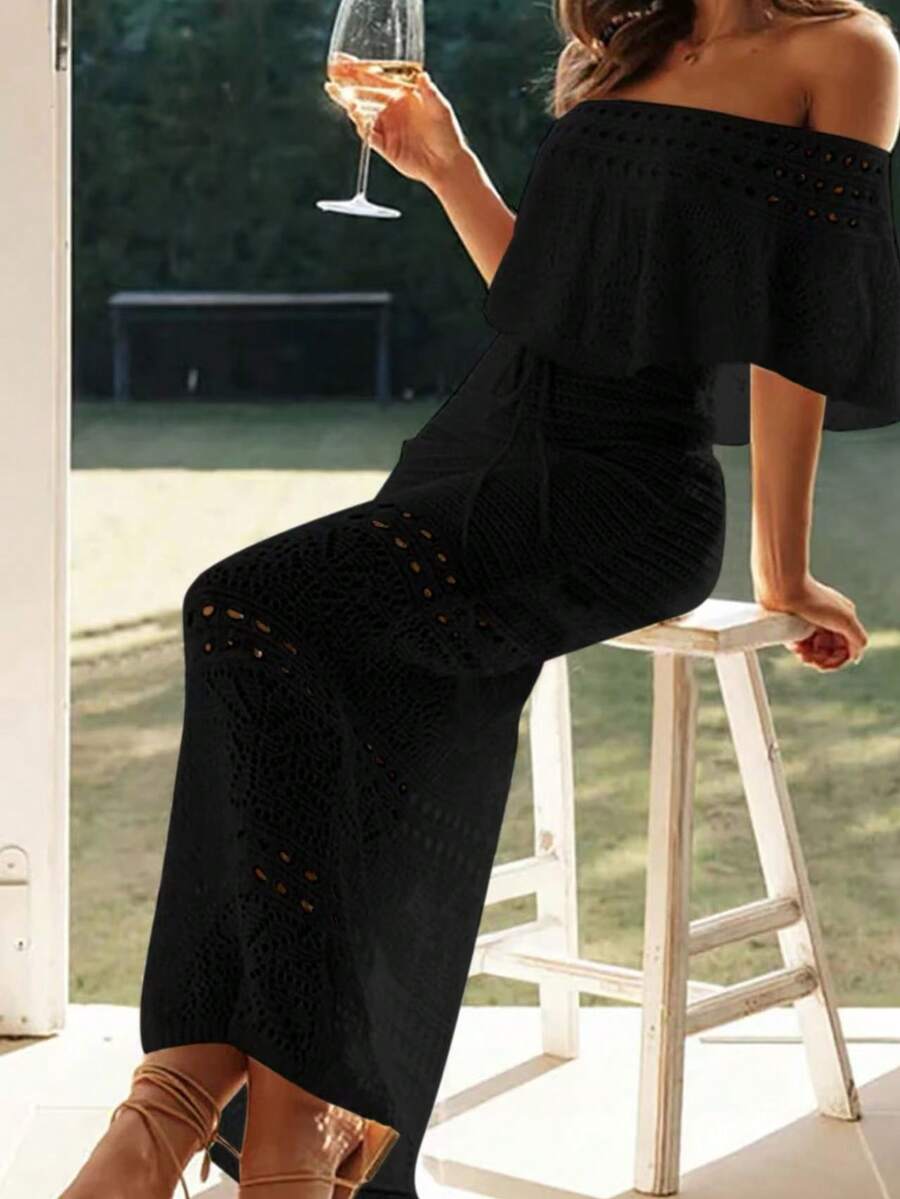 2026夏季新款女士优雅纯色系带露肩镂空针织长裙，适合海滩度假、假日、音乐节、毕业典礼、街头穿搭、优雅场合。 - 黑色 - 查看 1