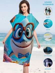 1pc Shark Hooded Poncho Changing Robe, Microfiber Wearable Beach Towel, Suitable For Surfing, Swimming, Bathing, Outdoor Sports, Adult Hooded Towel Cloak Robe - Multicolor - View 6