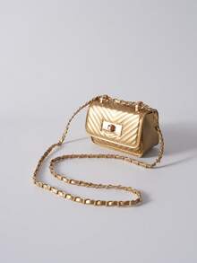 Mini Square Bag New Design Women's Handbag With V-Shape Stitching, Quilted Texture, High-Quality Shoulder Bag, Chain Crossbody Bag, Flap Cover Small Makeup Bag, Fashionable Ladies Accessories Winter Gifts - Gold - View 8