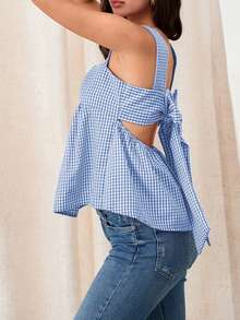 Women Y2k Going Out Tank Tops Gingham Square Neck Peplum Cami Tank Sleeveless Backless Bowtie Ruffle Peplum Babydoll Camisole Summer Going Out Cami Blouse - Màu xanh lam - Xem 5