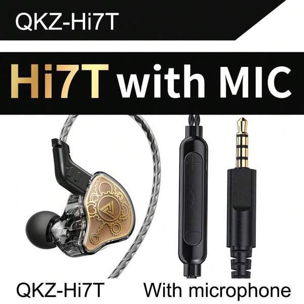 QKZ Hi7T Transparent Dynamic Resin Headphones DJ Monitor Earbuds - 3.5mm Wired In-Ear Monitoring Earphones With Mic Volume Adjustable Hi-Fi Stereo Heavy Bass Headset For Sports/Gaming/Gym