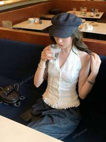 Lace Fitted Halter Neck Sleeveless Top, Slimming