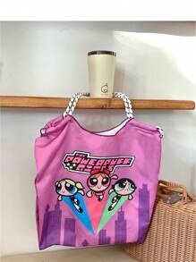 THE POWERPUFF GIRLS Japanese Style Versatile Cartoon Canvas Bag, Tote Bag For Women With Large Capacity, Shoulder Bag, Embroidered Beach Bag, Nylon Shopper Bag
