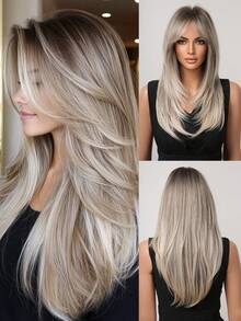 Ombre Platinum Butterfly Long Hair Synthetic Fringe Wig For Women White-Gold Layered Long Straight Hair Wig Daily Party Cosplay Wig School Homecoming Season