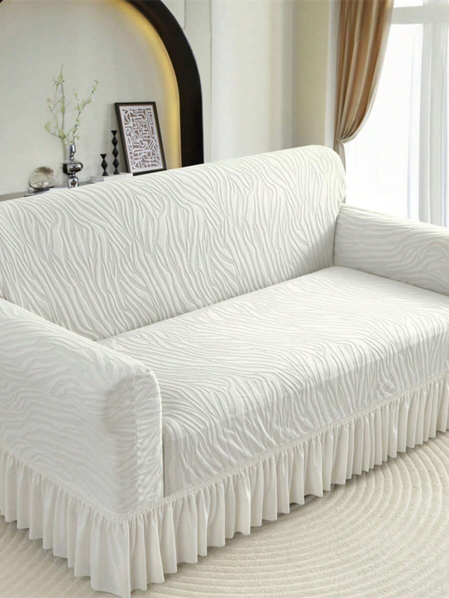 1 pieza Funda de sofá elástica con borde de falda de jacquard, a prueba de polvo y resistente a la suciedad, protector de sofá de cobertura completa elástica, decoración del hogar, lavable a máquina - Beis - Ver 1