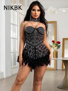 NIKBK 女士性感露背人造羽毛水钻珍珠装饰迷你紧身衣连体裤，适合复活节狂欢音乐会、鸡尾酒会舞会礼服、俱乐部服装节日 - 黑色 - 查看 8