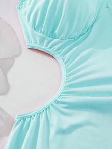 女士荷叶边短袖牛奶丝镂空露脐紧身连衣裙，娃娃裙，性感内衣，性感内衣连衣裙，派对夜店装 - 薄荷藍 - 查看 8