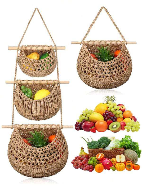 1pc/2pcs/3pcs Handmade Woven Hemp Rope Hanging Triple Layer Storage Bag, Kitchen Miscellaneous Fruit Storage Hanging Bag, Bohemian Style Vegetable Fruit Basket, Hanging Fruit Basket, Handmade Triple Layer Jute Woven Wall Basket, Kitchen Wall Decoration For Organization, Storage Basket For Kitchen Living Room And Bathroom Bedroom