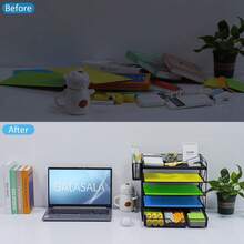 Caja de almacenamiento de escritorio, bandeja de crédito de papel de 5 niveles, organizador de archivos de escritorio con clasificador Vertical adicional de archivos, cajón deslizante y soporte para bolígrafos - negro 3 - Ver 3