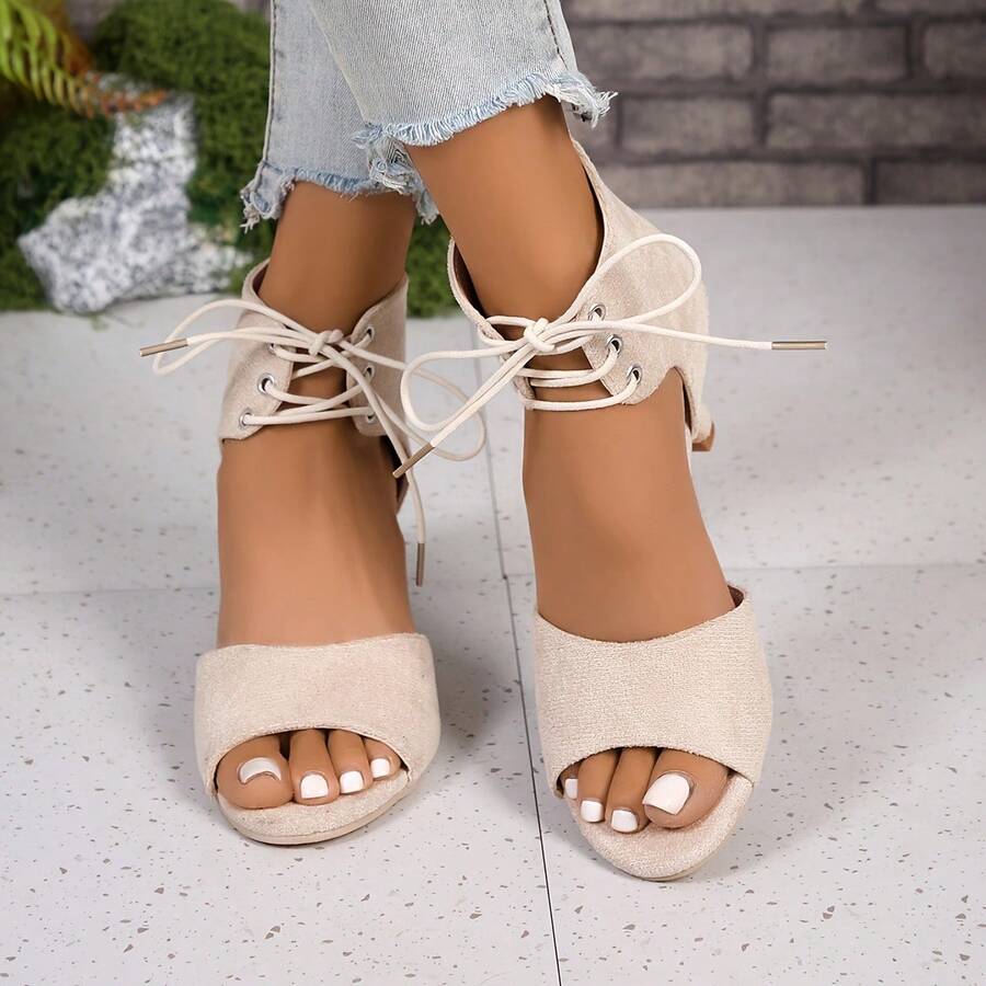 Women's Fashionable Elegant Beige Lace-Up Ankle Boots, Open Toe, Closed Heel, Lace-Up, Low-Cut, 7cm Heel Height, Comma High Heels, Suitable For Office, Party, Outdoor - Beige - View 1