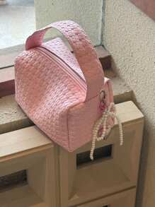 1pc Pink Floral Woven Pattern Handbag, Portable Cosmetic Organizer Pouch (No Pendant)