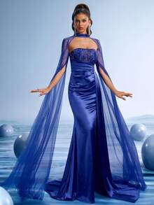 GIFORU Royal Blue Embellished Prom Dress With Sheer Sleeves & Thigh-High Slit, Elegant Satin Evening Gown For Women, Sparkly Formal Party Dress With Train, 2025 Homecoming Dress For Galas/Weddings/Ball, Wedding Guest Dress - Royal Blue - View 9