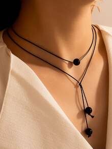 Fashion Minimalist Multi Strand Beaded Rope Pendant Necklace - Black - View 3