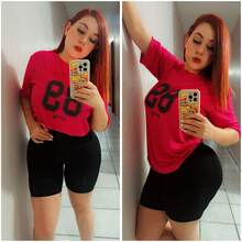 SET 2 PIEZAS PARA MUJER CON CAMISETA MANGA CORTA Y CUELLO REDONDO ESTAMPADA Y SHORT BIKER - Rosa Fucsia - Ver 1