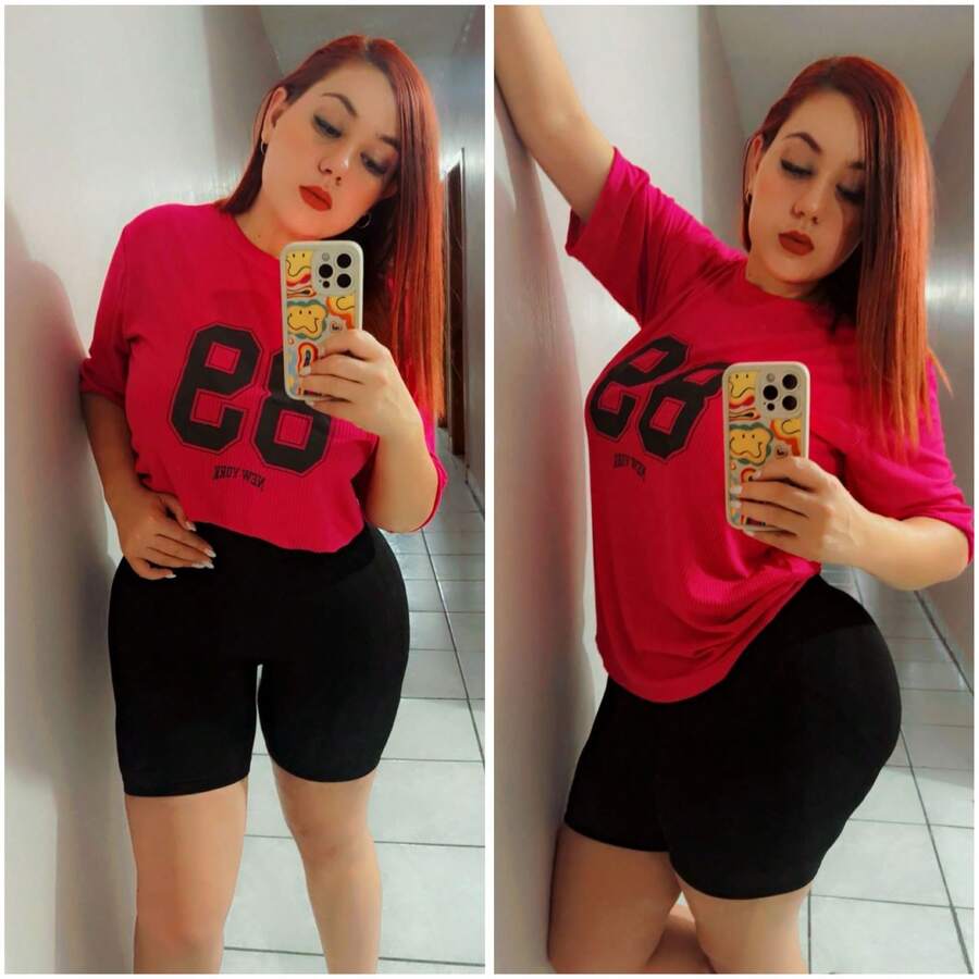 SET 2 PIEZAS PARA MUJER CON CAMISETA MANGA CORTA Y CUELLO REDONDO ESTAMPADA Y SHORT BIKER - Rosa Fucsia - Ver 1