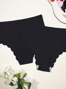 5pcs Women's Seamless Triangle Panties, Solid Black, Fashion & Comfortable, Wavy Hem Design, Casual Daily Homewear Set