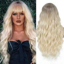 26-Inch Brown To Light Blonde Long Curly Wave Wig With Bangs, Soft Heat Reisitant Synthetic Fiber Hair Wigs, Women's Cosplay And Daily Wear Wig For Christmas And Music Festivals, Basic Style