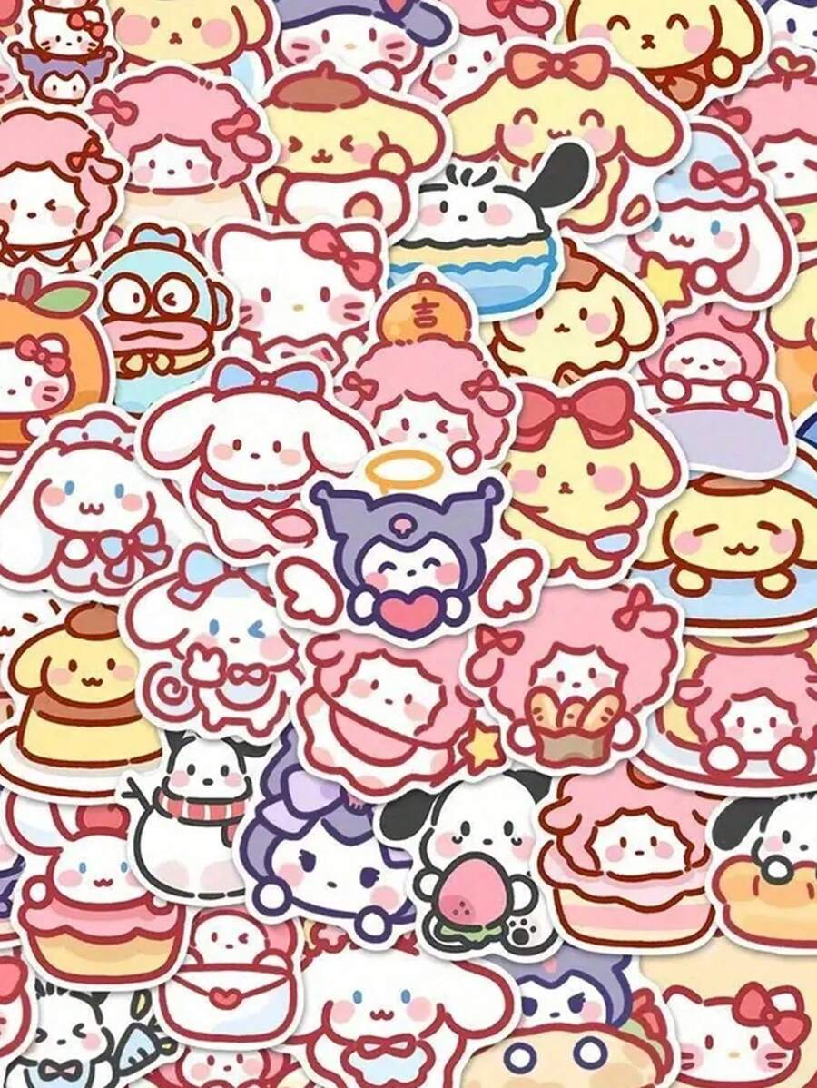 Sanrio 100Pcs Random Style Hello Kitty Cute Cartoon Character Stickers - Synthetic Paper Self-Adhesive & Reusable Decals For Journals Laptops DIY Crafts Waterproof Asymmetric Shapes(Some Parts May Be Random)