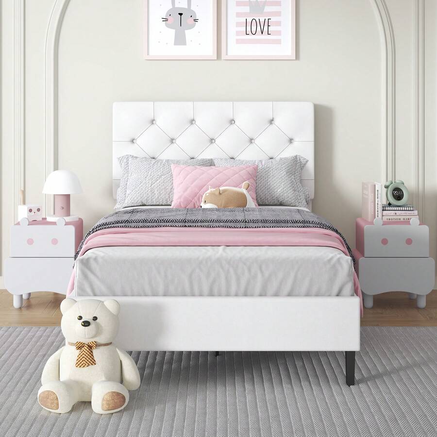 Bed Frame, Upholstered Platform Bed With Headboard, PU Leather Fabric Bed Frame, Button Tufted Design, White Bed Frame Queen Full Twin , No Box Spring Required, Easy Assembly - trắng - Xem 1