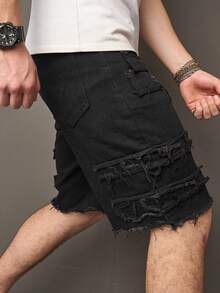 Men's Washed Blue Skinny Fit Stretch Cropped Jeans With Rips, Classic Blue Denim Casual Shorts For Men - Black - View 5