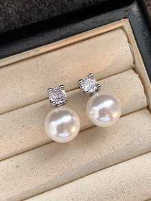 1 Pair Petite Pearl Stud Earrings, Vintage Minimalist Versatile & Elegant Style For Women - White - View 2