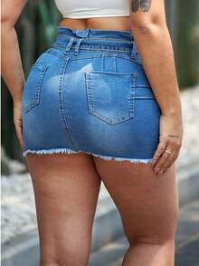 Plus Size Women Ruched Waist Belted Skinny Denim Mini Skirt