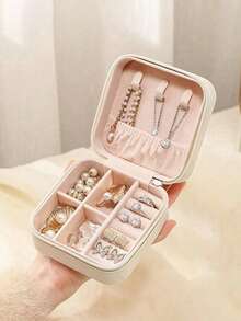 1个便携式旅行首饰收纳盒，PU皮革首饰整理盒，小型拉链首饰盒，多层耳环戒指收纳盒，化妆品收纳盒，首饰展示托盘，香水收纳盒，防水防氧化材质，保护戒指、耳环和项链，节日礼物，送她的礼物，适合教师使用 - 粉色 - 查看 12