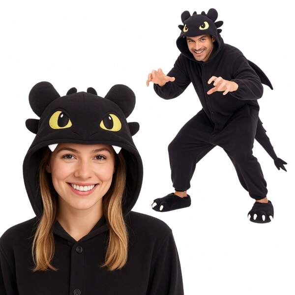 nerd hunters Pigiama kigurumi in pelliccia sintetica, costume cosplay di un drago nero