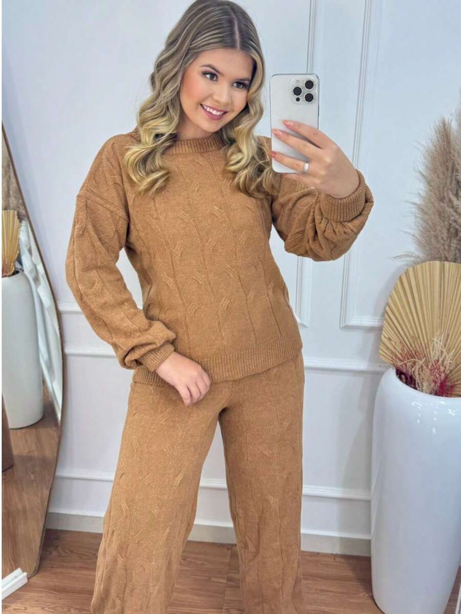 WOMEN'S WINTER MOUSSE KNITTING SET WITH PANTS AND BRAIDED BLOUSE - Màu nâu  Mocha - Xem 1