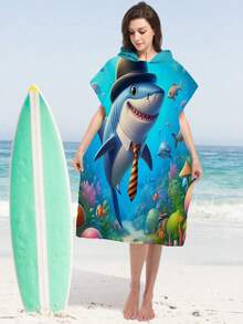 1pc Shark Hooded Poncho Changing Robe, Microfiber Wearable Beach Towel, Suitable For Surfing, Swimming, Bathing, Outdoor Sports, Adult Hooded Towel Cloak Robe - Multicolor - View 8
