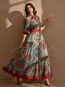 Elegant Romantic Print With Solid Color Fabric Belt Decorated Women's A-Line Vacation Dress