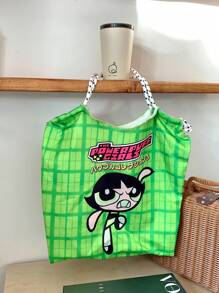 THE POWERPUFF GIRLS Japanese Style Versatile Cartoon Canvas Bag, Tote Bag For Women With Large Capacity, Shoulder Bag, Embroidered Beach Bag, Nylon Shopper Bag