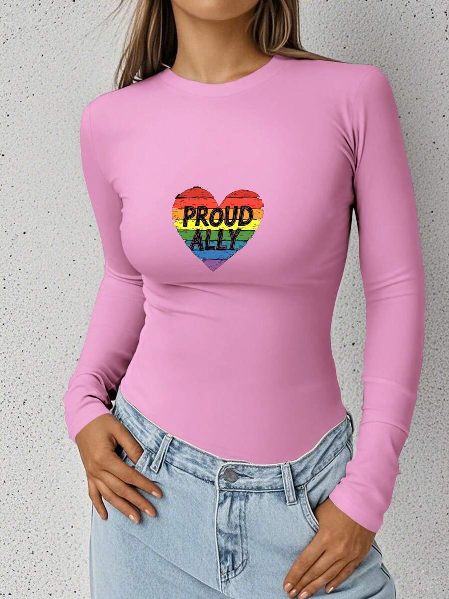 Pride PROUD ALLY Rainbow Heart Support Women's Fashion Long Sleeve Shirt - 粉色 - 查看 1