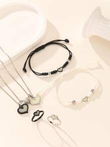 ATLVXJL 6pcs/Set Glow-In-The-Dark Heart Pendant Necklace, Bracelet, And Ring Set, Stainless Steel Magnetic Clasp Couple/Friendship Jewelry, Suitable For Everyday Wear And Valentine's Day Gift