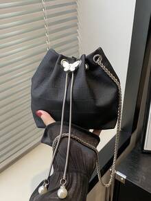 1pc Chain Drawstring Closure PU Solid Color Bucket Bag With Metal, Pearl, Bow Decor, Women Pleated Shoulder/Crossbody Purse, Fashion Gift Bag For Party, Date, Shopping, Daily Use - Black - View 2
