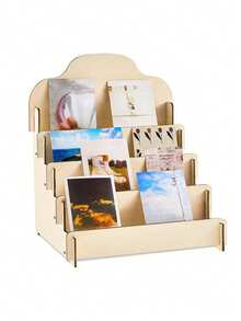 1pc Wooden Greeting Card Display Stand, Multipurpose Tiered Shelf Organizer For Posters, Notecards, Cosmetics, Office Memo & Business Card Storage Rack, Versatile For Various Room Types - Wood Color - View 2