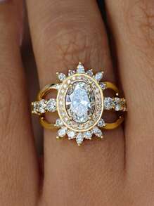 1 pieza Lujoso anillo de mujer de oro francés con diseño geométrico elíptico hueco y circonita cúbica, adecuado para boda, Día de San Valentín, compromiso, aniversario, regalo para la novia