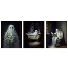 3 Carteles de lona de Halloween, retrato de fantasma retro de Halloween con flores, pintura de arte de pared para el dormitorio, sala de estar, pasillo del hogar, con opción de marco