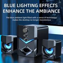 Altavoz de escritorio estéreo de alta calidad 2.1 con iluminación ambiental LED - Alimentado por USB, toma de audio de 3.5 mm, conexión por cable para PC, portátil, tableta, consola de juegos y dispositivos MP3/MP4, diseño moderno con acentos azules, altavoz portátil - Negro - Ver 9